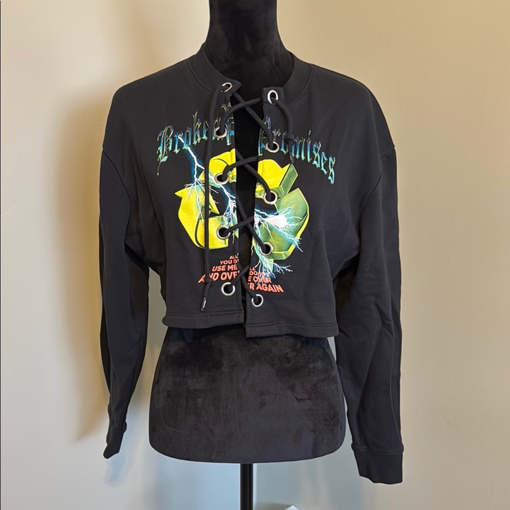 Broken Promises- Black Lace-Up Graphic Crop Top -M